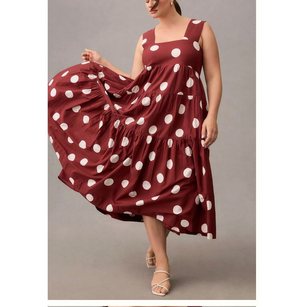 Anthropologie Helena Square-Neck Babydoll Dress Polka Dot Brown White Medium - Picture 2 of 7